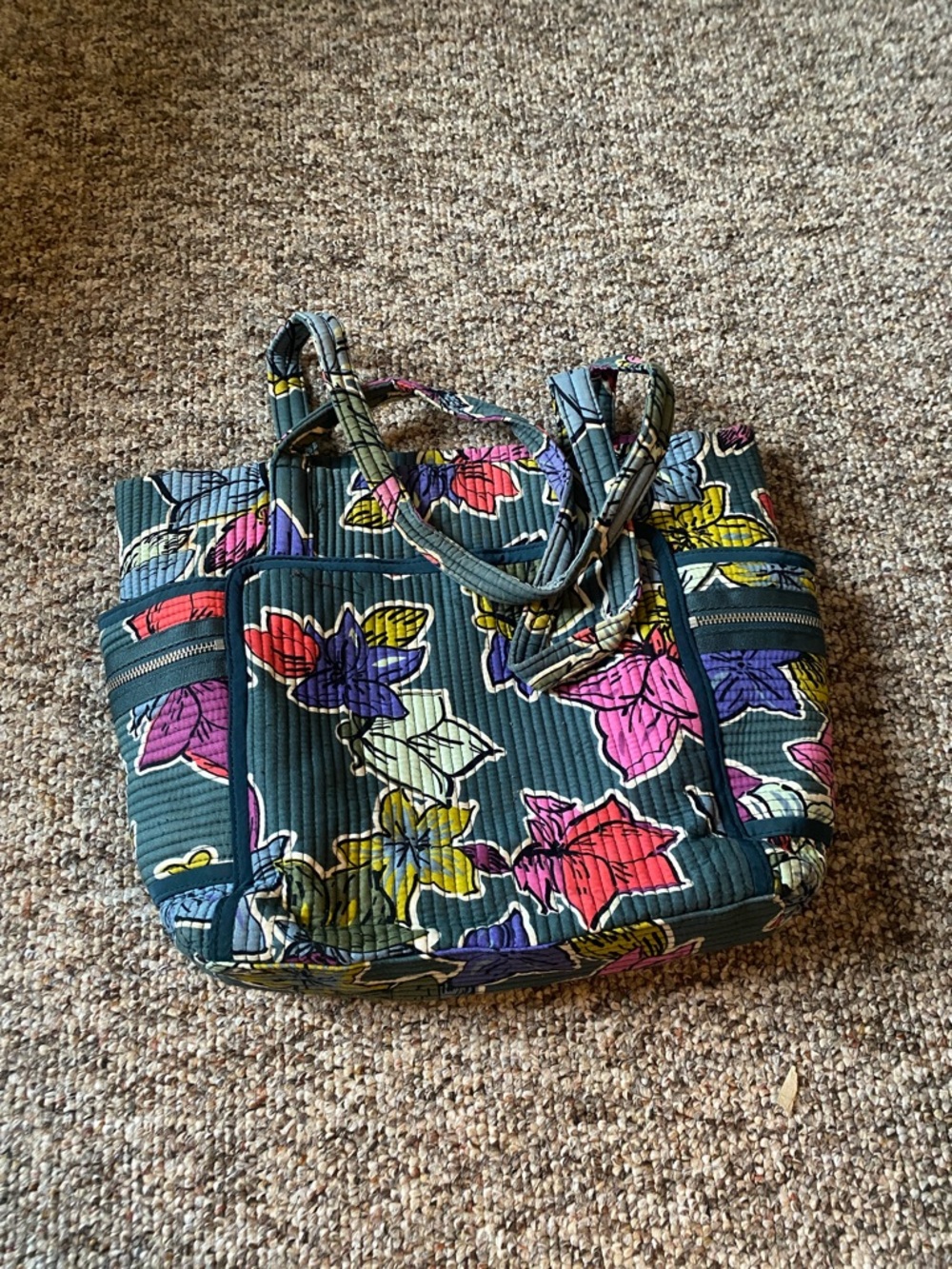 Vera Bradley Quilted Floral Tote Bag in Teal with Multicolor Flowers